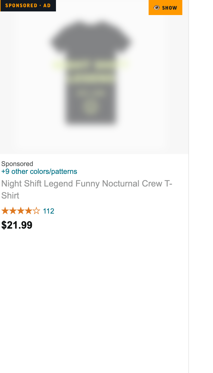Sponsored Amazon result blurred and flagged by MerchRadar