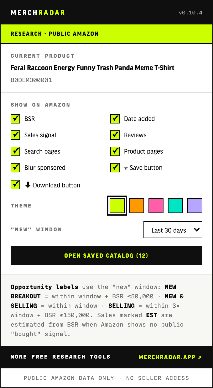 MerchRadar extension popup with toggles, themes and new-window setting