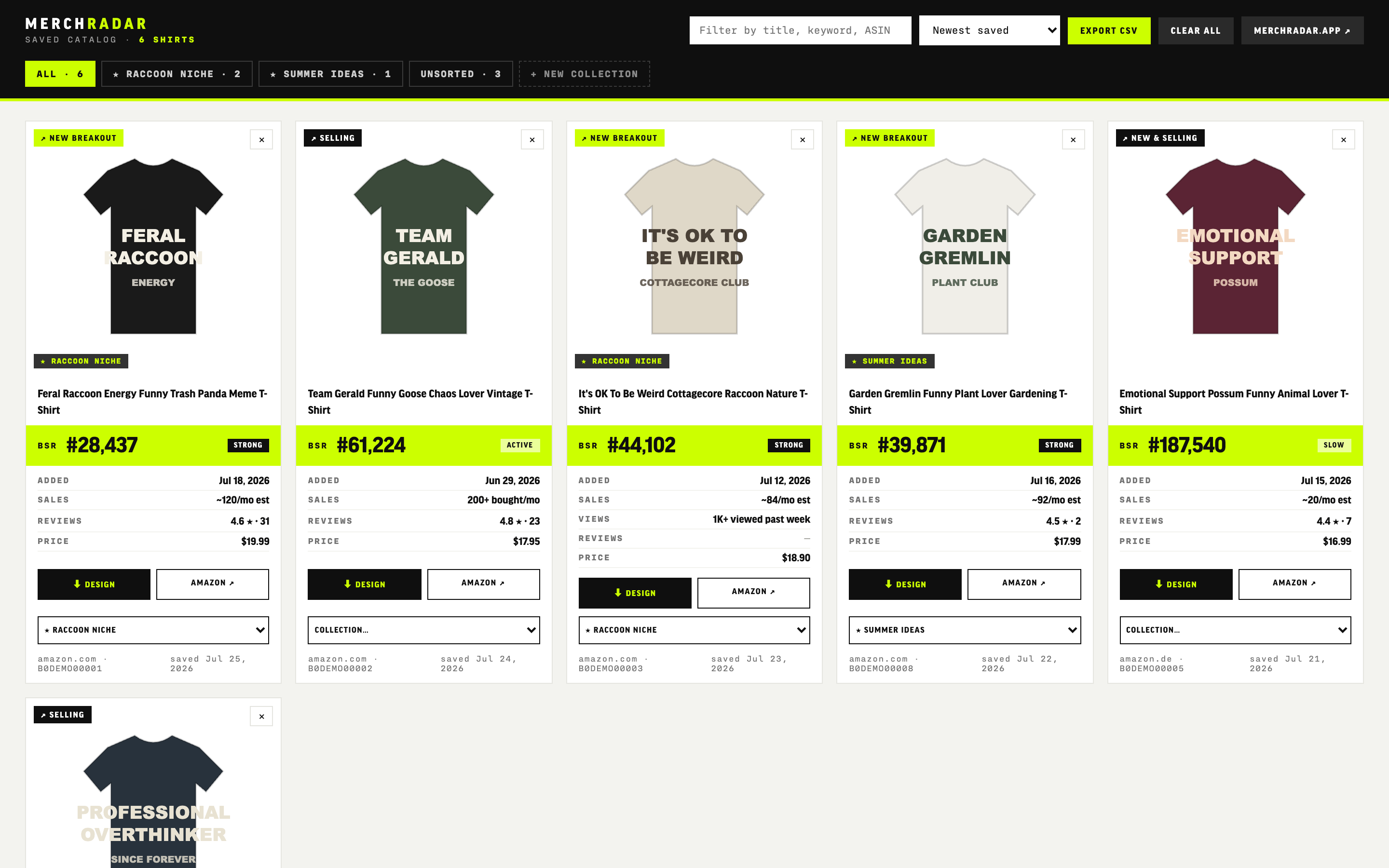 MerchRadar saved catalog page with saved shirts, data and CSV export