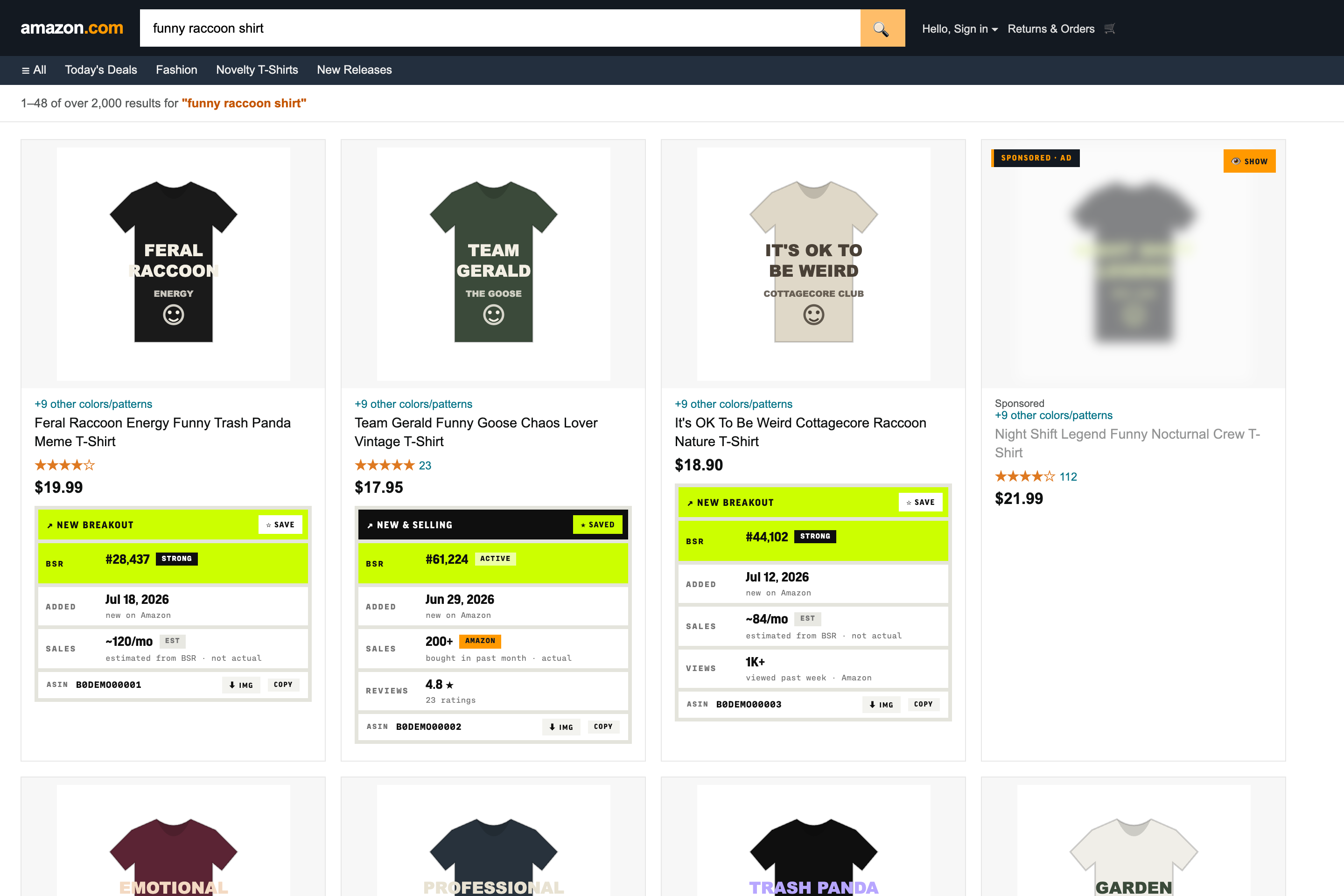 MerchRadar extension showing BSR, date added, sales and opportunity labels on Amazon search results